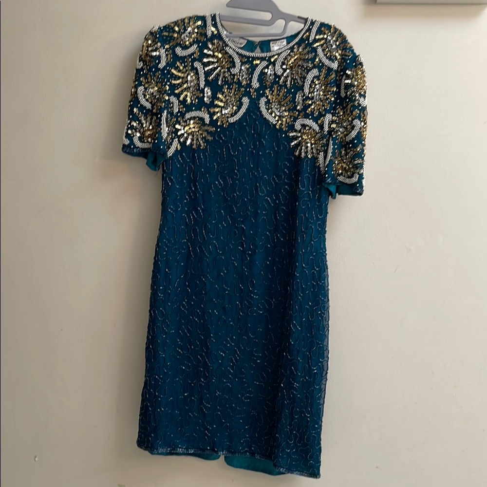 Teal and Gold Embellished Mini Dress